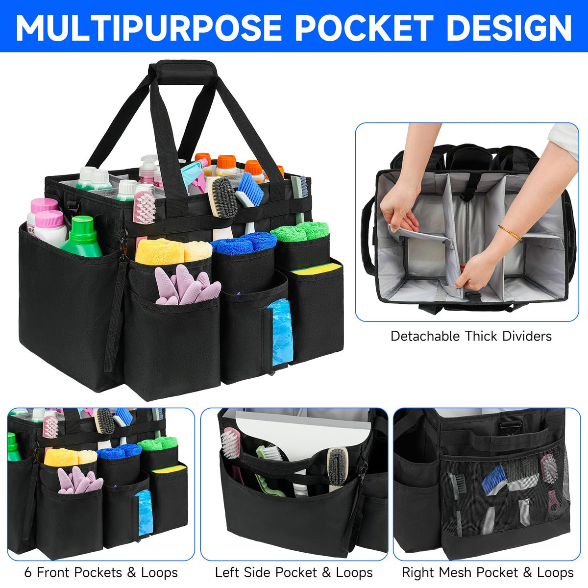 ZIOZERTT Large Rolling Cleaning Caddy Bag with Detachable Trolley,Cleaning Cart on Wheels with Shoulder Strap,Cleaning Supplies Organizer for Housekeepers,Black