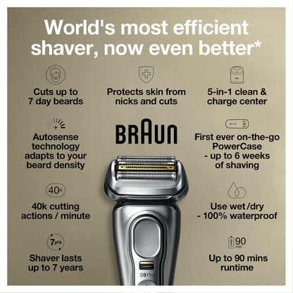 Braun Electric Razor for Men, Waterproof Foil Shaver, Series 9 Pro 9477cc, Wet & Dry Shave, with Portable Charging Case, ProLift Beard Trimmer, 5-in-1 Cleaning & Charging SmartCare Center, Silver