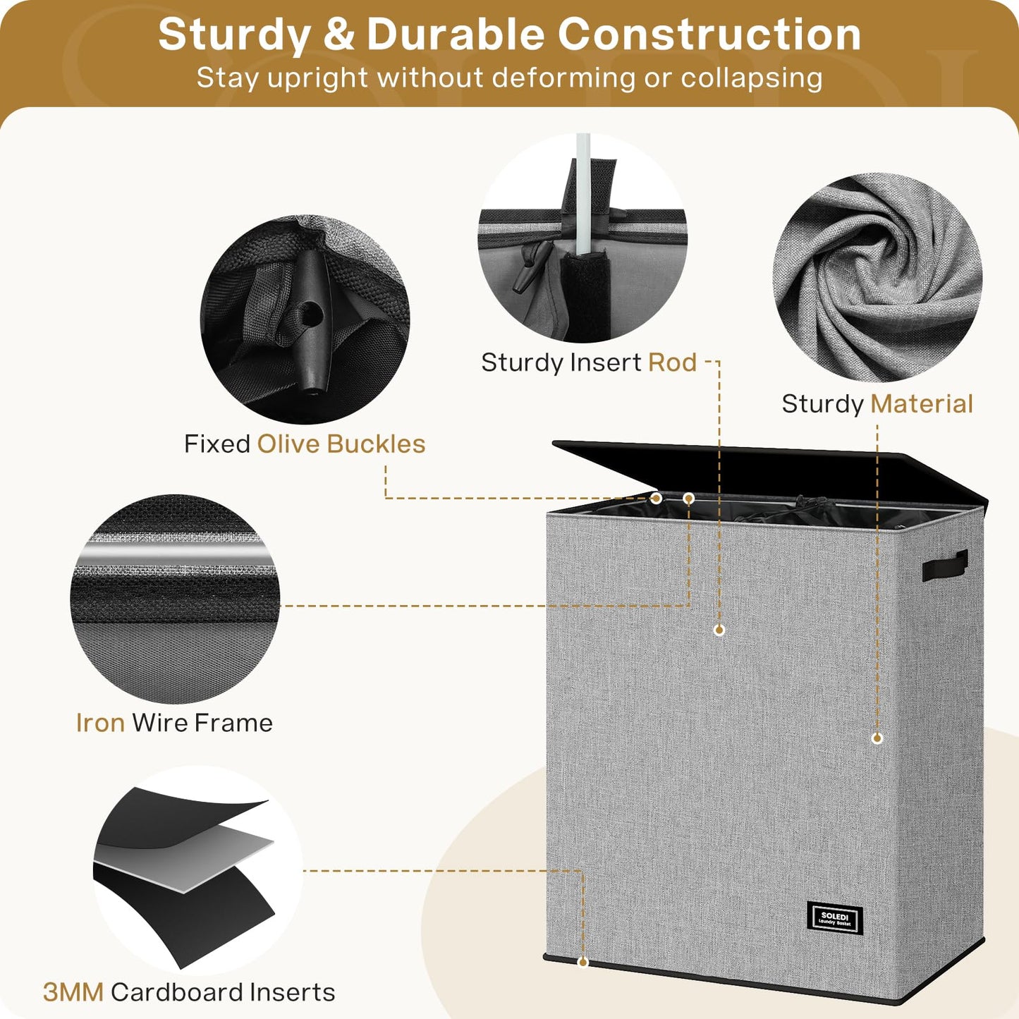 SOLEDI Double Laundry Hamper with Lid and Removable bag, Large Laundry Basket 2 Section with handles, Collapsible Dirty Clothes Hampers for Laundry, Bedroom, Dorm, College