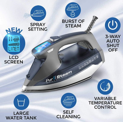 PurSteam Steam Iron for Clothes 1800W with LCD Screen, Nonstick Ceramic Soleplate, Auto Shutoff, Anti-Drip, Self-Cleaning