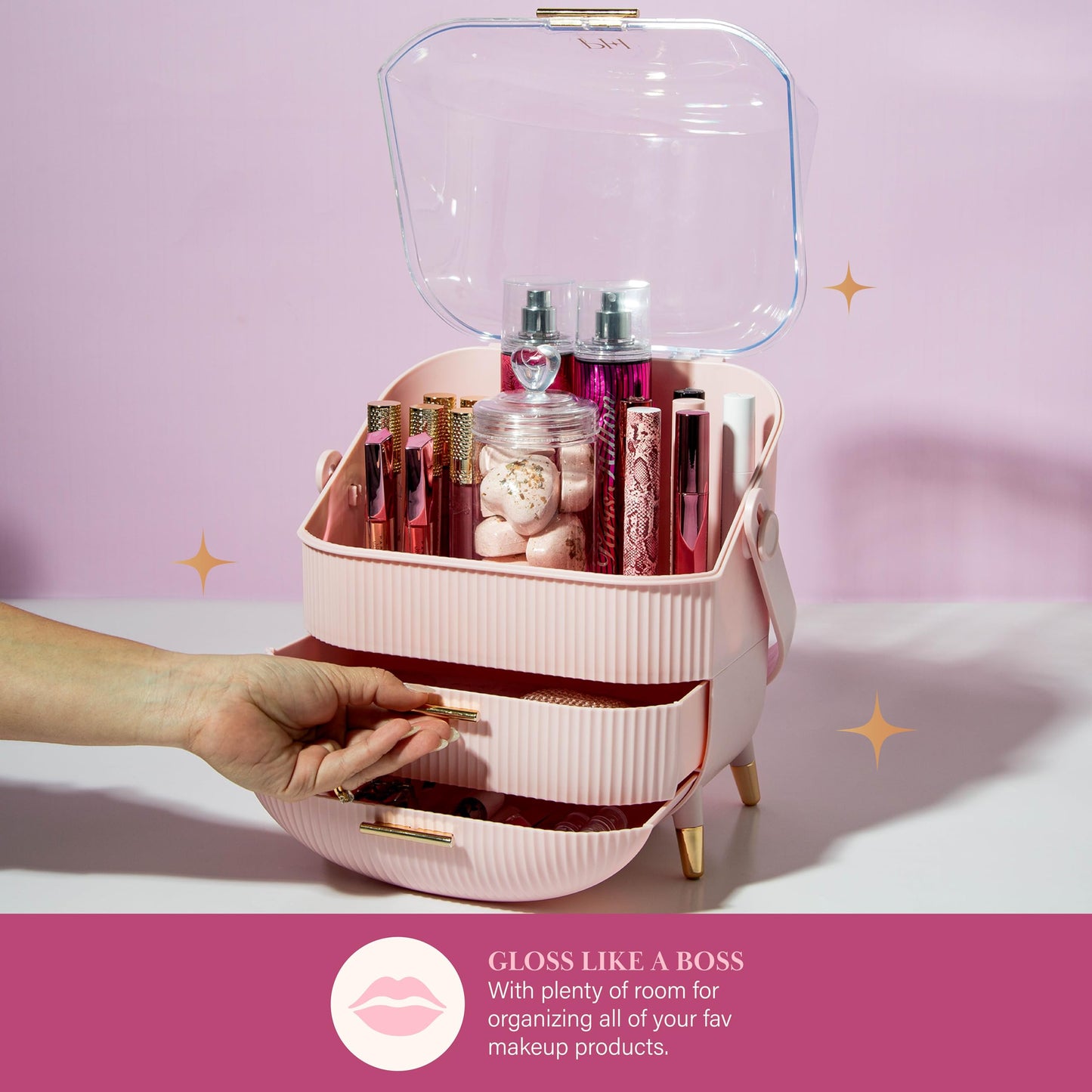 Paris Hilton Makeup Storage Organizer with Lid, Cosmetics and Skincare Organizer for Vanity, Portable Makeup Storage Box for Countertop, Top Gift Item, Fluted Design with Gold Accents, Pink