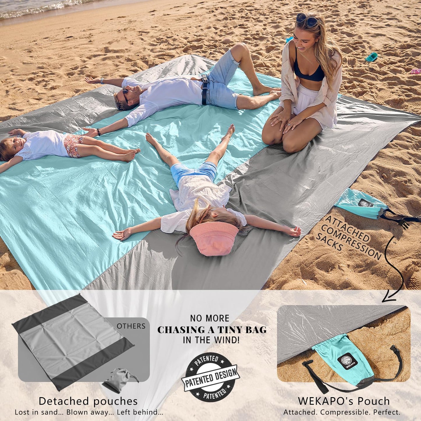 WEKAPO Beach Blanket - Sandproof Waterproof Extra Large Beach Mat | Oversized Sand-Free Lightweight Quick-Drying | Beach Vacation Essentials with Stakes & Corner Pockets (Grey, 9x10 FT)
