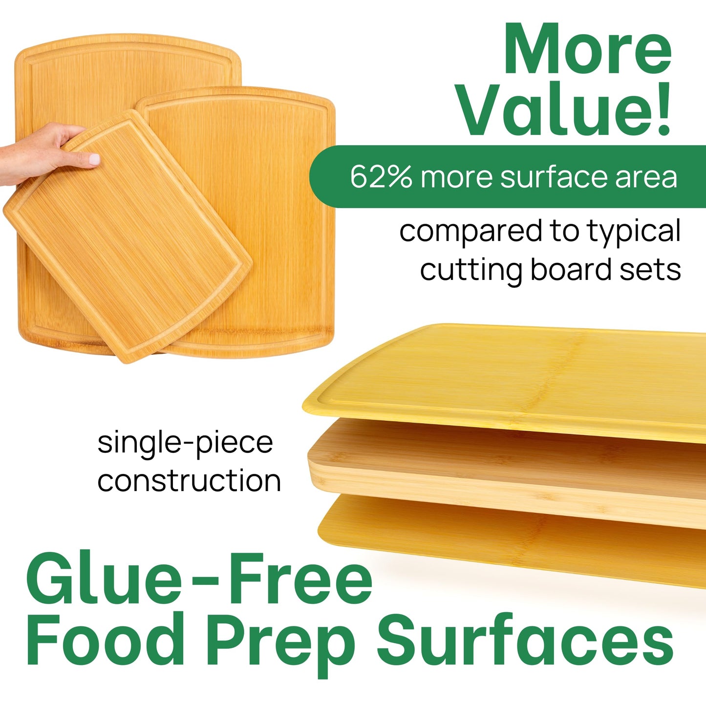 Organic Bamboo Cutting Board Set of 3 with Glue-Free Surface and Lifetime Replacements – Wooden Chopping Board for Kitchen with Juice Grooves for Carving & Serving, Non Toxic & Durable by Greener Chef