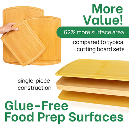 Organic Bamboo Cutting Board Set of 3 with Glue-Free Surface and Lifetime Replacements – Wooden Chopping Board for Kitchen with Juice Grooves for Carving & Serving, Non Toxic & Durable by Greener Chef