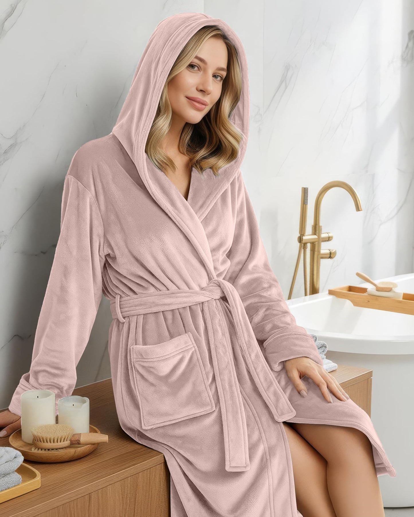 NY Threads Premium Womens Robe with Hood, Plush Fleece Long Bath Robe for Women, Fluffy Soft Women's Bathrobe, Large, Taupe