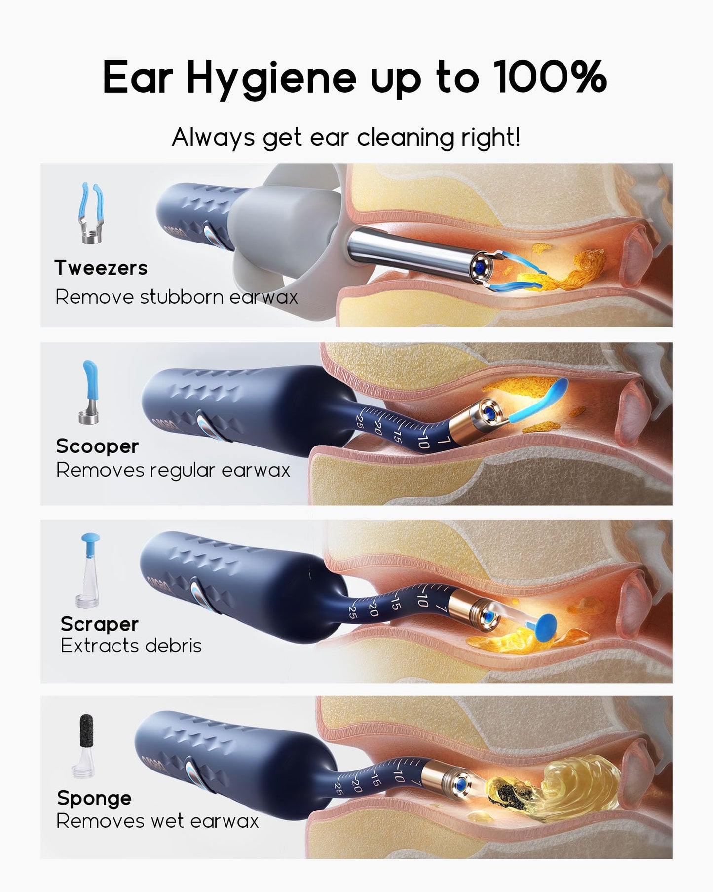 Bebird Earsight Plus Ear Wax Removal Tool Camera, Ear Cleaner with Flexible Wireless Ear Camera Otoscope, Painless Visual Ear Pick Tweezers Wax Remover, Portable Ear Cleaning Kit for Adults/Kids, Blue