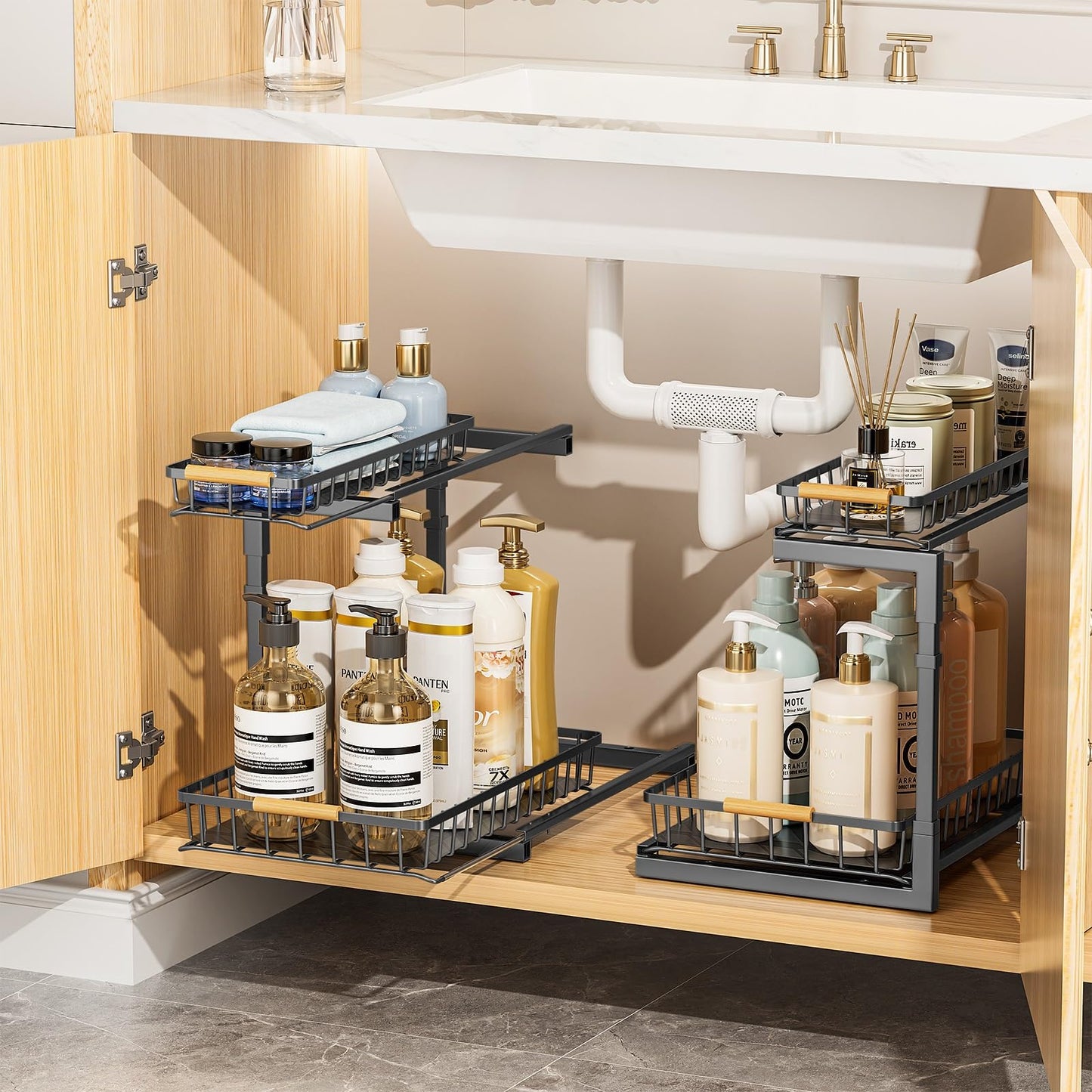 Delamu 2 Pack Under Sink Organizer and Storage, 2 Tier Pull Out Cabinet Organizer, Slide Out Under Sink Storage Shelf, Undersink Organizers Shelves for Kitchen Bathroom Pantry Organization