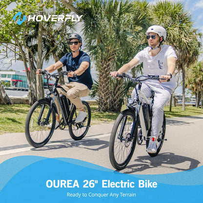 HOVERFLY OUREA Electric Bike 26", 750W Peak Motor Mountain Ebike,Up to 40 Miles 20MPH Removable Battery, 7-Speed and Shock Absorber, UL2849 Certified, Electric Commuter Bike for Adults White