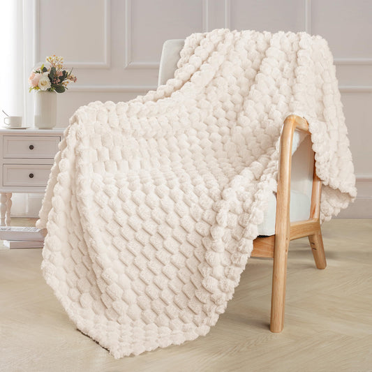 Exclusivo Mezcla Extra Large Soft Fleece Throw Blanket, 50x70 Inches Stylish Jacquard Throw Blanket for Couch, Fuzzy Cozy Lightweight for All Season, Ivory