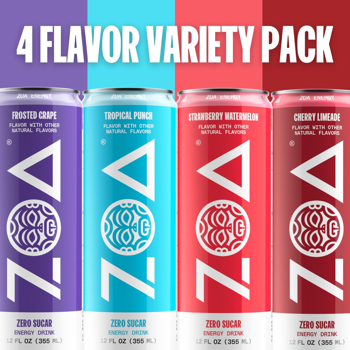 ZOA Energy Drink Variety Pack, 4 Flavors - Zero Sugar, Daily Vitamin C & B, Natural Caffeine, Hydrating Electrolytes - No Crash, Keto Friendly - 12 Ounce Cans (Pack Of 12)