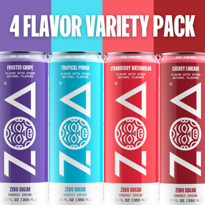 ZOA Energy Drink Variety Pack, 4 Flavors - Zero Sugar, Daily Vitamin C & B, Natural Caffeine, Hydrating Electrolytes - No Crash, Keto Friendly - 12 Ounce Cans (Pack Of 12)