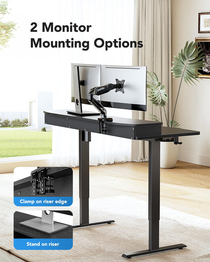 HUANUO 48″ x 24″ Electric Standing Desk with 2 Drawers, C-Clamp Mount Compatible, Height Adjustable Computer Desk, Home Office Stand Up Desk with 4 Preset Heights & 2 Hooks, Black