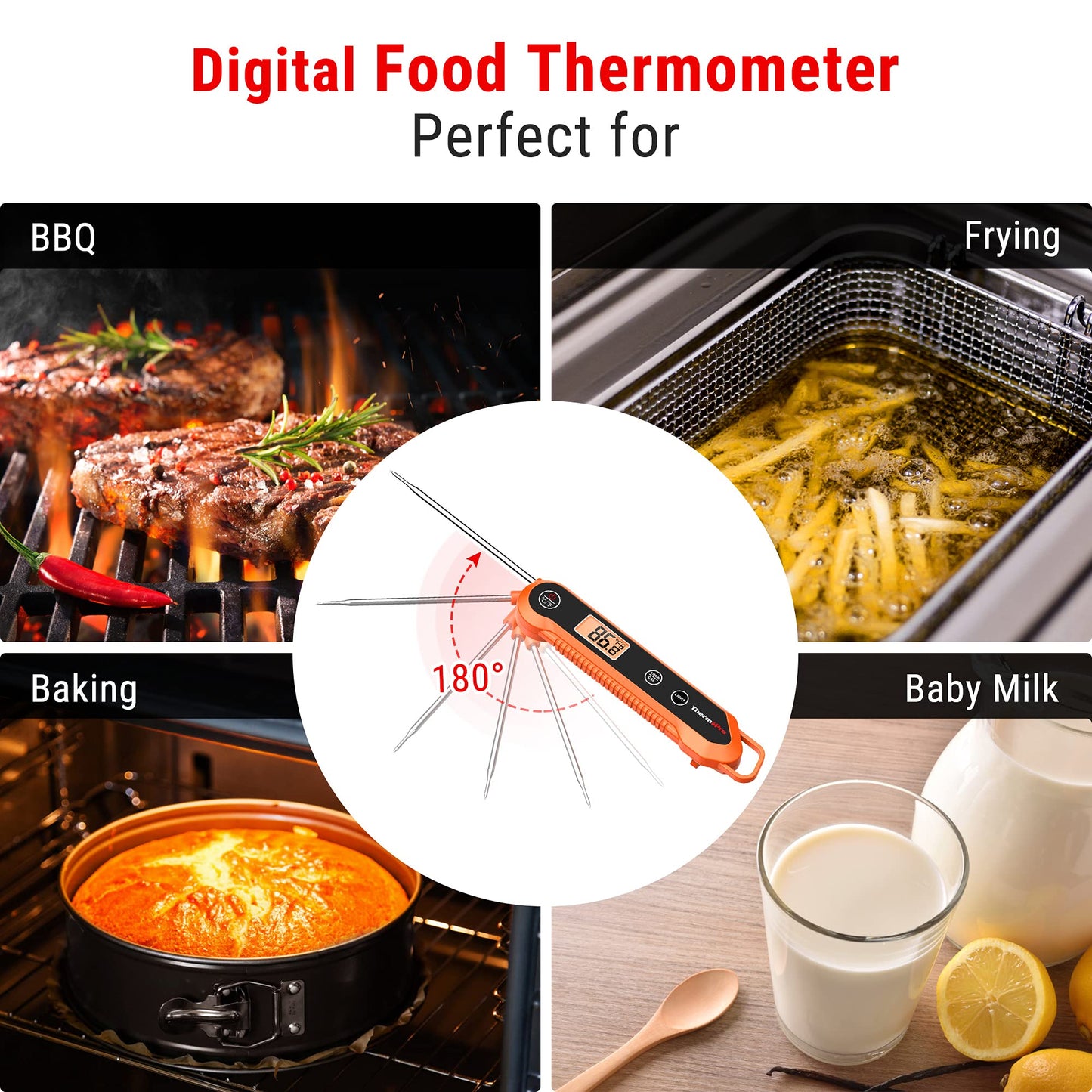 ThermoPro Digital Instant Read Meat Thermometer for Grilling Waterproof Kitchen Food Thermometer with Calibration & Backlight Smoker Oil Fry Candy Thermometer with Temperature Indicators