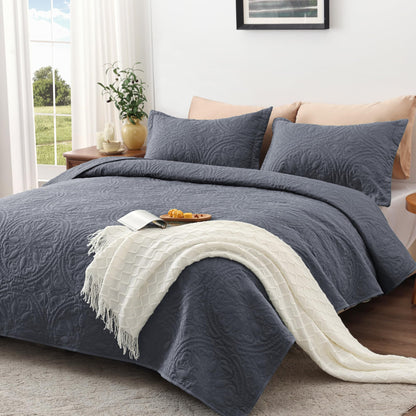 EXQ Home Quilt Set Full Queen Size Bluish Grey 3 Piece,Lightweight Soft Coverlet Mandala Flower Pattern Bedspread Set for All Season(1 Quilt,2 Pillow Shams)