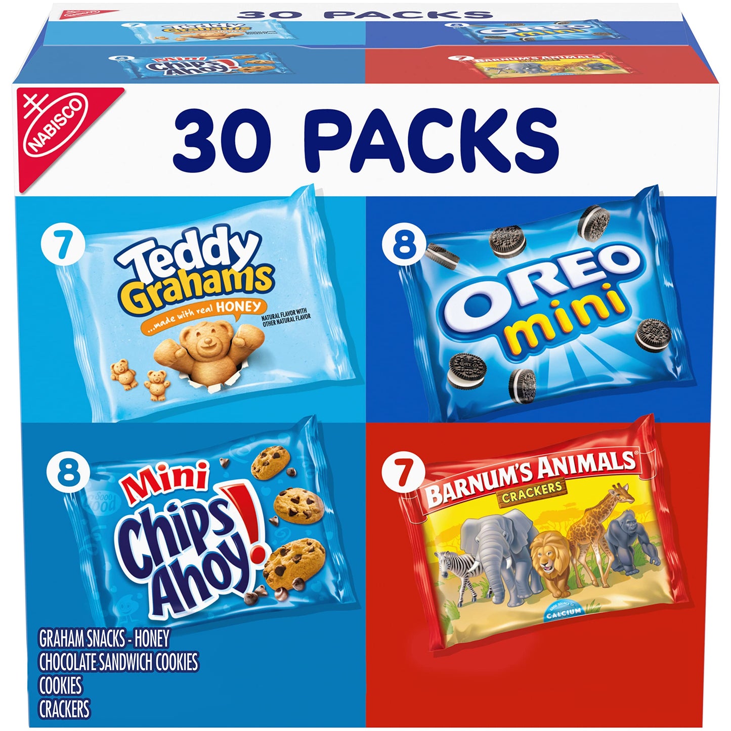 Nabisco Team Favorites Variety Pack, OREO Mini, CHIPS AHOY! Mini, Teddy Grahams Honey & Barnum's Animal Crackers, School Snacks, 30 Snack Packs