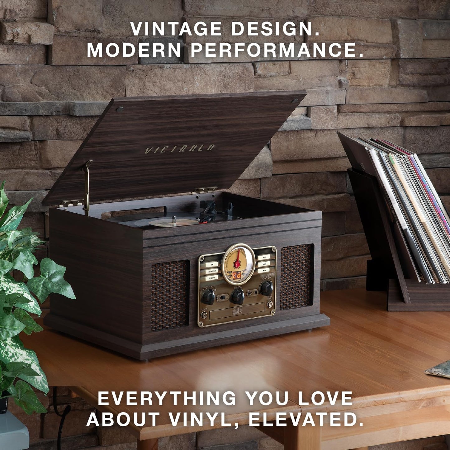 Victrola The Quincy 6-in-1 Bluetooth Record Player & Multimedia Center with Built-in Speakers – 3-Speed Turntable, CD & Cassette Player, AM/FM Radio, Wireless Music Streaming (Farmhouse Oatmeal)