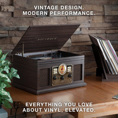 Victrola The Quincy 6-in-1 Bluetooth Record Player & Multimedia Center with Built-in Speakers – 3-Speed Turntable, CD & Cassette Player, AM/FM Radio, Wireless Music Streaming (Farmhouse Oatmeal)
