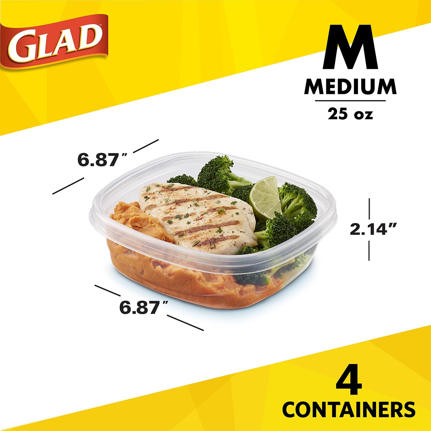 Glad GladWare Design Series Food Storage Containers with Lids, Medium Rectangle BPA Free Plastic for Meal Prep and Lunches, Tight Seal, Microwave and Dishwasher Safe, 24 Oz, 4 Count - 6 Pack