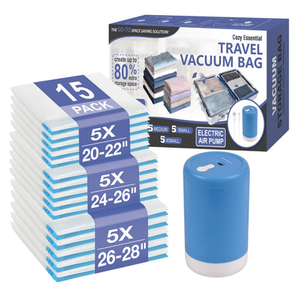 Cozy Essential Travel Vacuum Storage Bags with Rechargeable Cordless USB Pump, Space Saver Bags for Luggage, Suitcase, Carry-On, for Clothes, Blankets, Bedding & Seasonal Storage,15 Combo