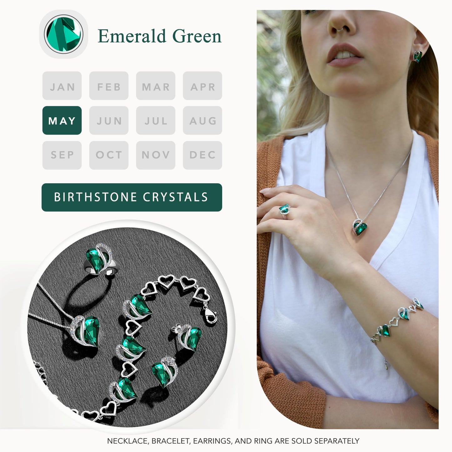 Leafael Mothers Day Gift Necklaces for Women, Heart Pendant with Emerald Green Birthstone Crystal for May, Silver Plated 18 plus 2 inch Chain, Jewelry Birthday Gifts for Mom, Girlfriend, and Her