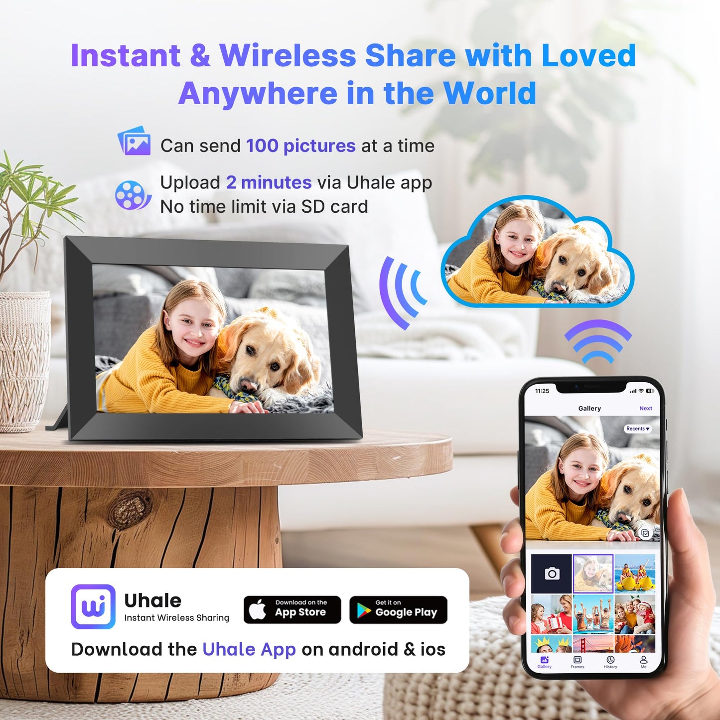 Uhale Digital Picture Frame 32GB Storage 10.1 Inch WiFi Electronic Photo Frames SD Card Slot IPS Touch Screen HD Display Auto Rotate Slideshow Share Videos Photos Instantly Send Wishes Remotely