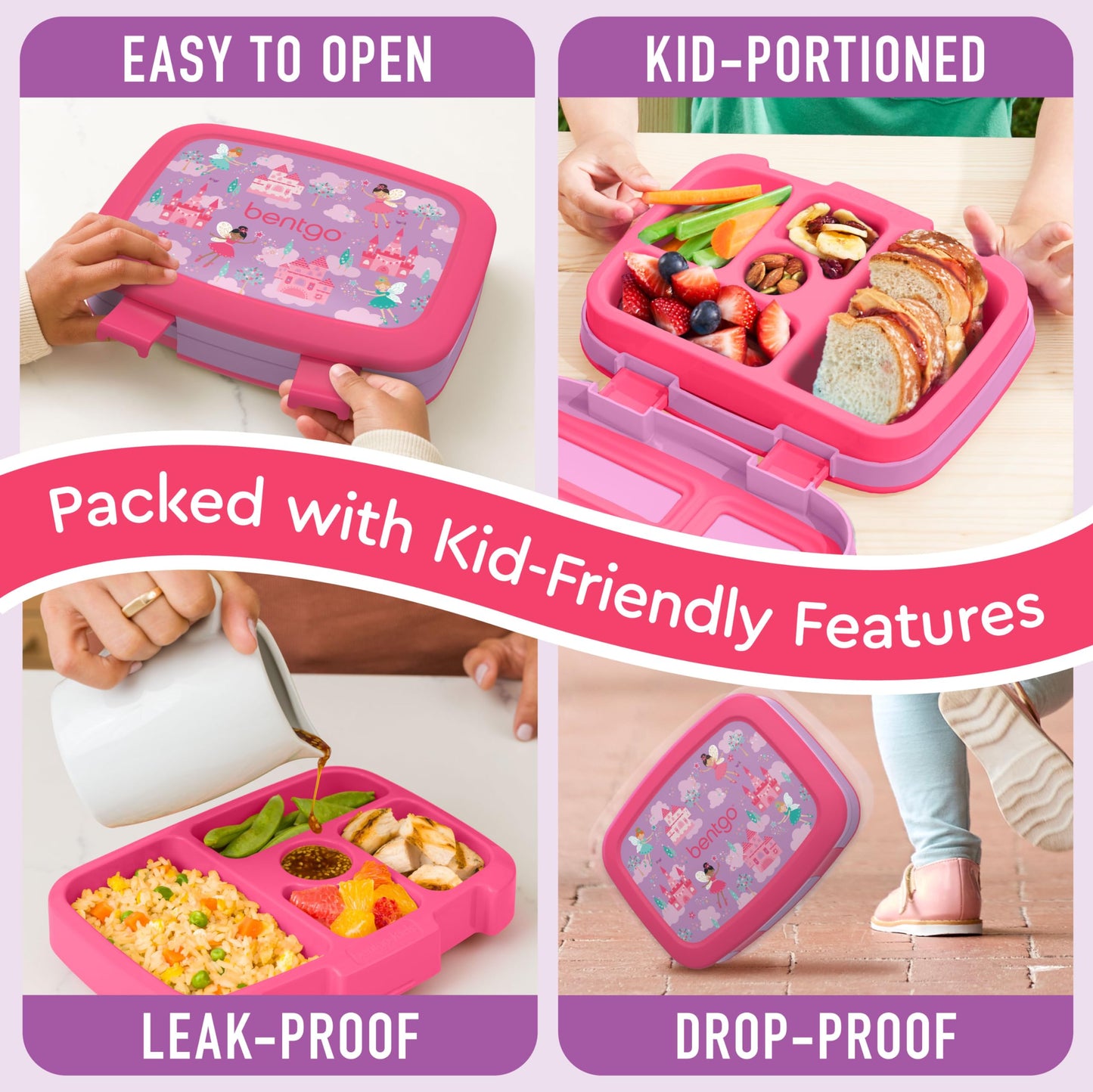 Bentgo® Kids Prints Leak-Proof, 5-Compartment Bento-Style Kids Lunch Box - Ideal Portion Sizes for Ages 3-7, Durable, Drop-Proof, Dishwasher Safe, & Made with BPA-Free Materials (Fairies)