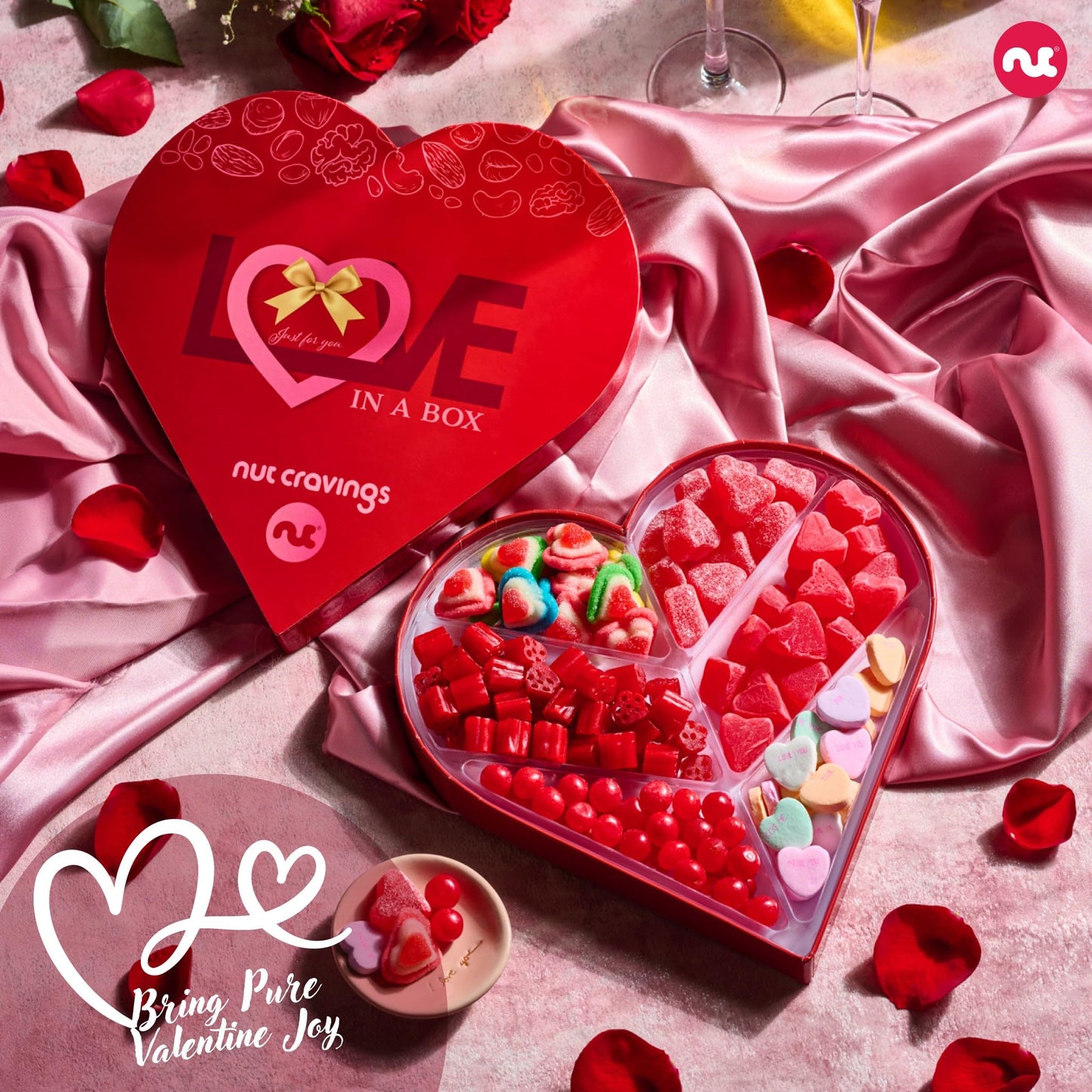 NUT CRAVINGS - Valentines Day Mixed Candy Heart Shaped Gift Basket, Love in A Box (6 Assortments) Romantic Food Arrangement, Healthy Snack Care Package, Food Assortments