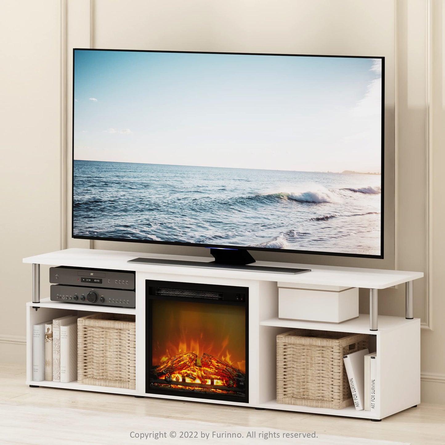 Furinno Jensen Open Storage Fireplace Entertainment Center for TV up to 70 Inch with Stainless Steel Tubes, White Oak/Chrome