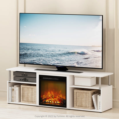 Furinno Jensen Open Storage Fireplace Entertainment Center for TV up to 70 Inch with Stainless Steel Tubes, White Oak/Chrome