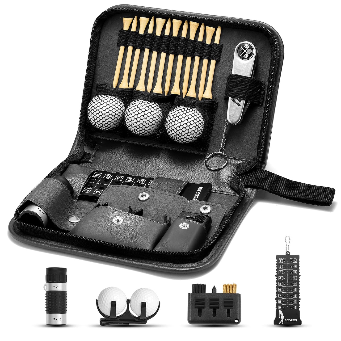 SANLINZOM Golf Accessories for Men and Women for Golfers, Accessories Set in Hi-End PU Case with Golf Balls, HD Rangefinder, Golf Tees, Cleaning Brush, Divot Knife, Scorer, Golf Ball Clamp (Black)