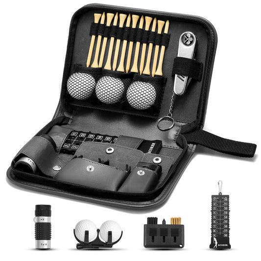 SANLINZOM Golf Accessories for Men and Women for Golfers, Accessories Set in Hi-End PU Case with Golf Balls, HD Rangefinder, Golf Tees, Cleaning Brush, Divot Knife, Scorer, Golf Ball Clamp (Black)