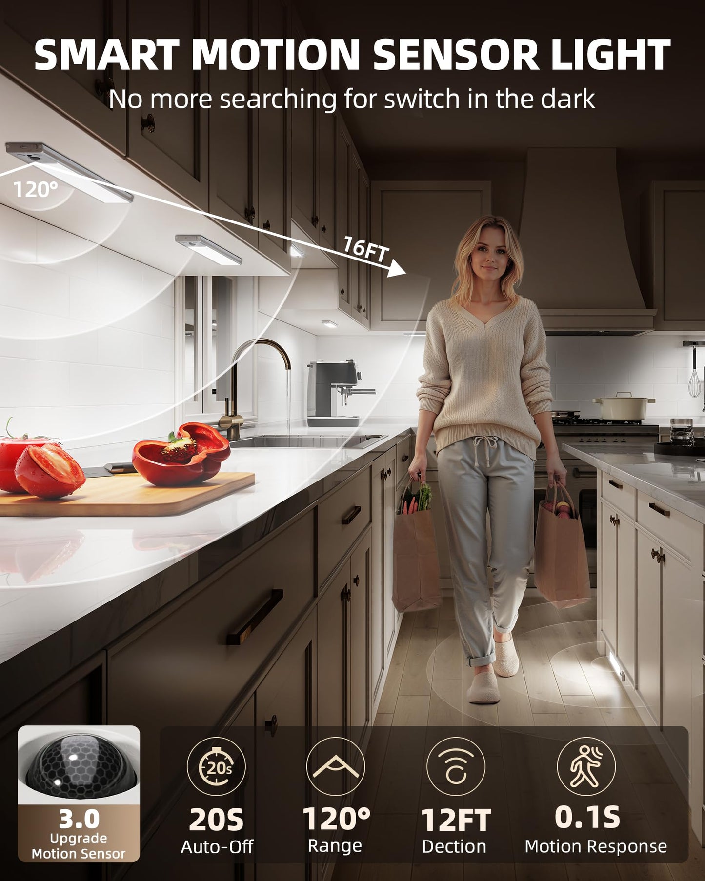 EZVALO 5 Pack Under Cabinet Lighting, 2400mAh Rechargeable Motion Sensor Light, 10inch Magnetic Closet Lights with Dimmable & 3 Color Temps, Wireless Motion Activated Lights with Remote for Kitchen