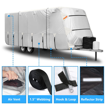 FRUNO Oxford Cloth Travel Trailer RV Cover 30'6"-33' Waterproof Rip-Resistant Anti-UV Camper Cover for Winter Snow with Jack Cover 4 Tire Covers and Gutter Covers