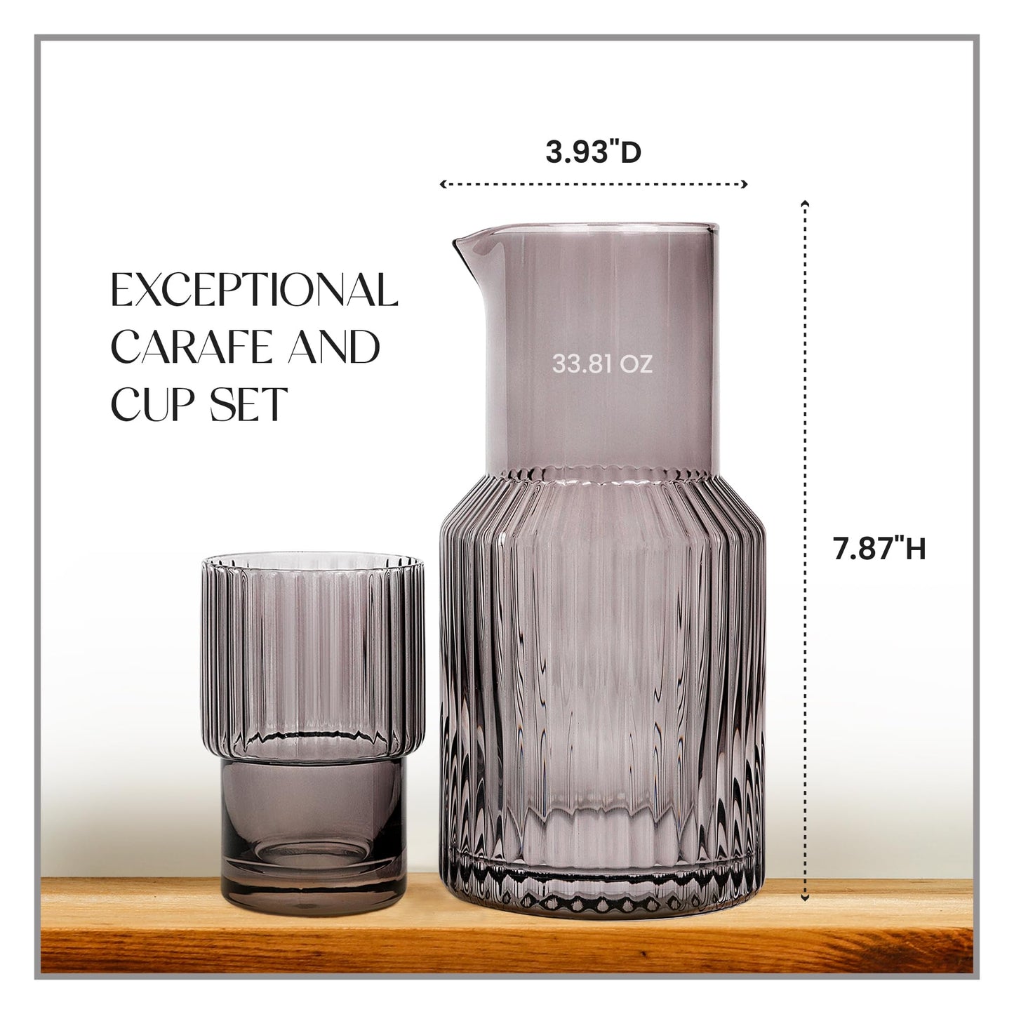 elle decor Gray Ribbed 2 Pc Carafe Set | Bedside Night Water Carafe | Glass Pitcher and Cup that Doubles as a Lid | Glass Tumbler Perfect for Storing Water, Juice, and Other Drinks on Desktop/Shelf