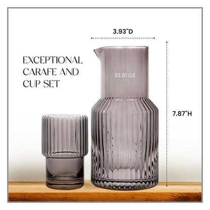 elle decor Gray Ribbed 2 Pc Carafe Set | Bedside Night Water Carafe | Glass Pitcher and Cup that Doubles as a Lid | Glass Tumbler Perfect for Storing Water, Juice, and Other Drinks on Desktop/Shelf