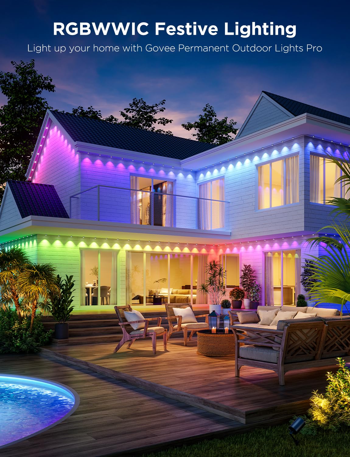 Govee Permanent Outdoor Lights Pro, 200ft with 120 RGBIC LED Lights for Daily and Accent Lighting, 75 Scene Modes for Outdoor Decor, IP67 Waterproof, Works with Alexa, Google Assistant, Matter, White