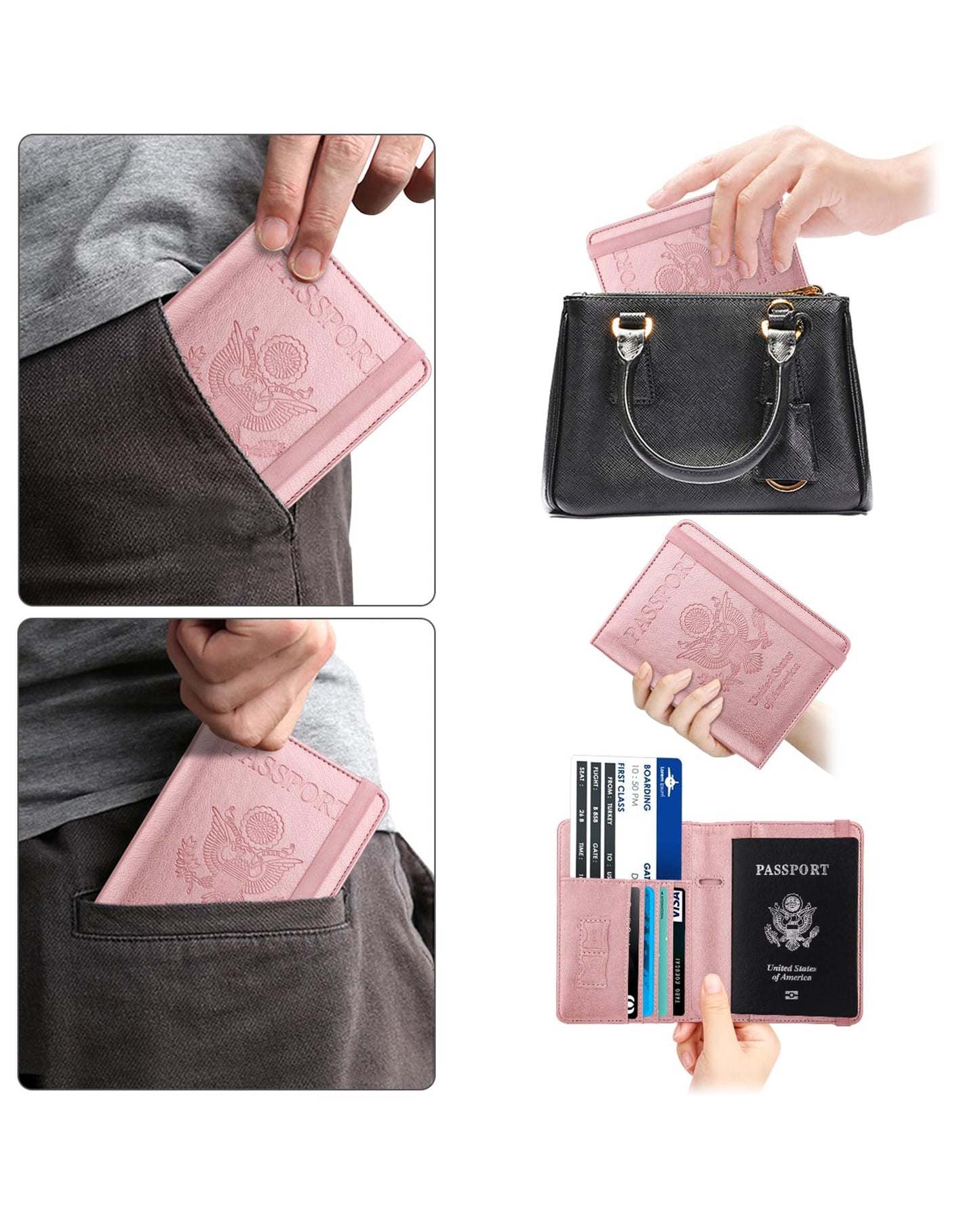 WALNEW Passport Holder for Travel, RFID Passport Cover Wallet for Women Men, PU Leather Passport Book Card Holder Case with Pen (Elastic Band Closure, A-Rosegold)