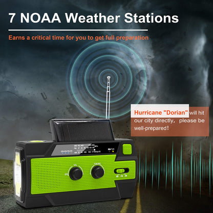 Emergency Crank Weather Radio, 4000mAh Solar Hand Crank Portable AM/FM/NOAA, with 1W 3 Mode Flashlight & Motion Sensor Reading Lamp, Cell Phone Charger, SOS for Home and Emergency Green