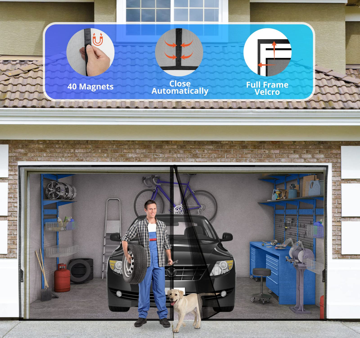 Garage Door Screen For 2 Car 16x7FT, Magnetic Screen Garage with Retractable Fiberglass Mesh and Heavy Duty Weighted Bottom, Easy Assembly & Pass, Hands Free Screen Door w/ 36 Magnets for Garage/Patio