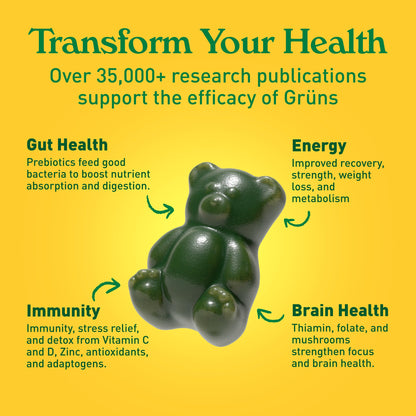 Gruns Adults Super Greens Multivitamin Gummies, Superfood Vitamin Gummy Bears with Spirulina, Chlorella, Prebiotic Fiber for Digestive Health, Adaptogens Supplement, 20 Vitamins & Minerals, 28 Count