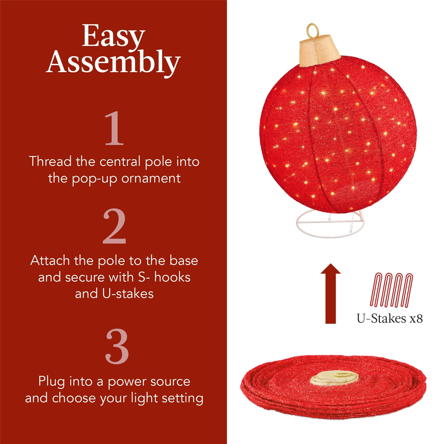 Best Choice Products 2pc Lighted Pop-Up Outdoor Christmas Ornament Set, Holiday Ball Decoration w/ 180 LED Lights, 8 Light Functions - Red/Gold