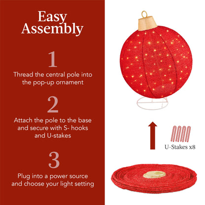 Best Choice Products 2pc Lighted Pop-Up Outdoor Christmas Ornament Set, Holiday Ball Decoration w/ 180 LED Lights, 8 Light Functions - Red/Gold