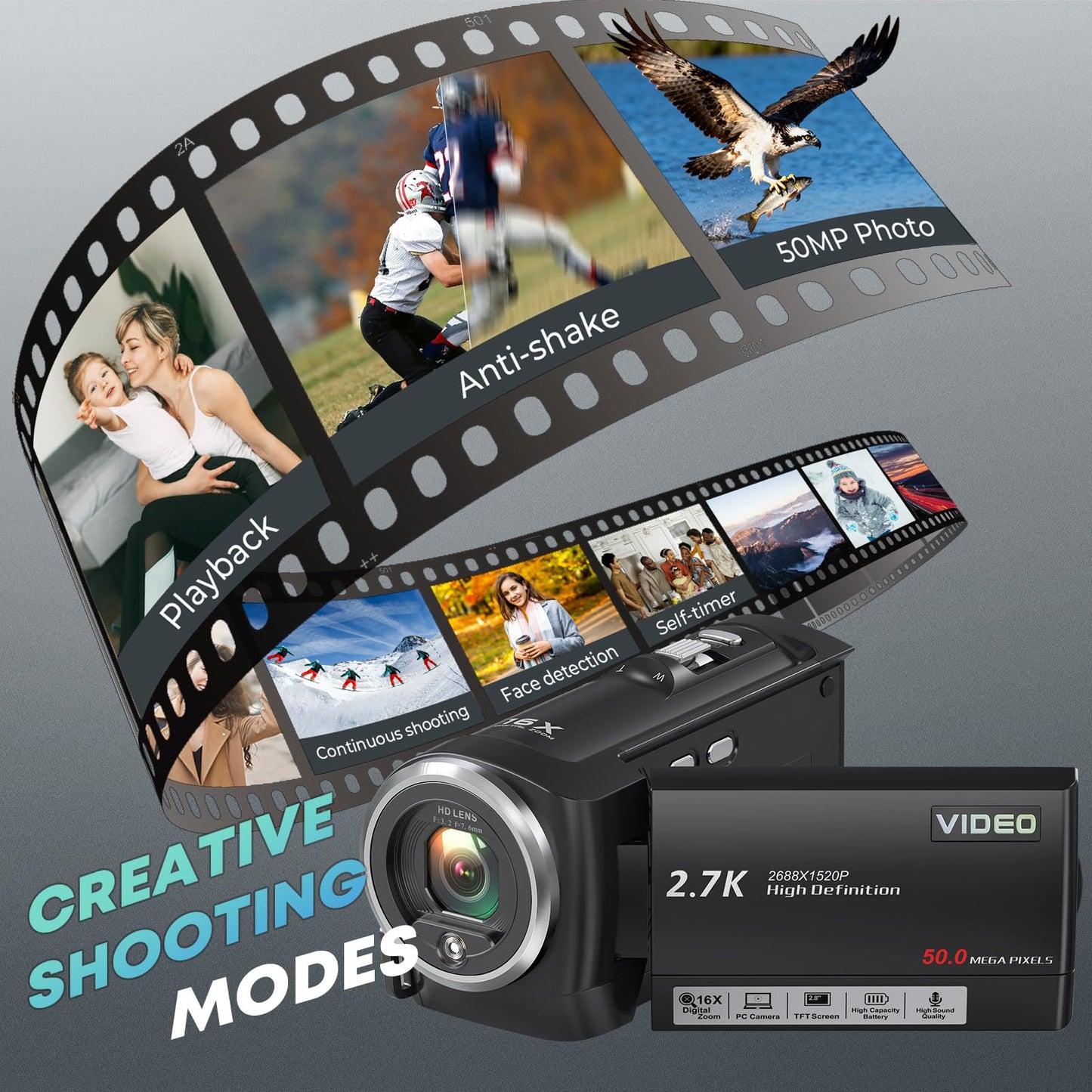 Gcasio 2.7K Video Camera Camcorder QHD 56MP YouTube Vlogging Camera Webcam 16X Digital Zoom with 32G SD Card 270 Degree Rotation Screen Camcorders and 2 Batteries Recording While Charging