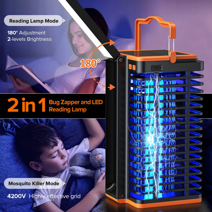 Kiies Solar Bug Zapper Outdoor,2 in 1 Mosquito Zapper Cordless & Rechargeable, 4200V Portable Fly Zapper Insect Trap with Reading Lamp for Camping Patio Backyard Garden