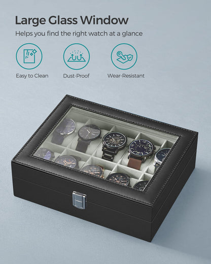 SONGMICS Watch Box, 10-Slot Watch Case with Large Glass Lid, Removable Watch Pillows, Watch Box Organizer, Gift for Loved Ones, Black Synthetic Leather, Gray Lining UJWB010BK