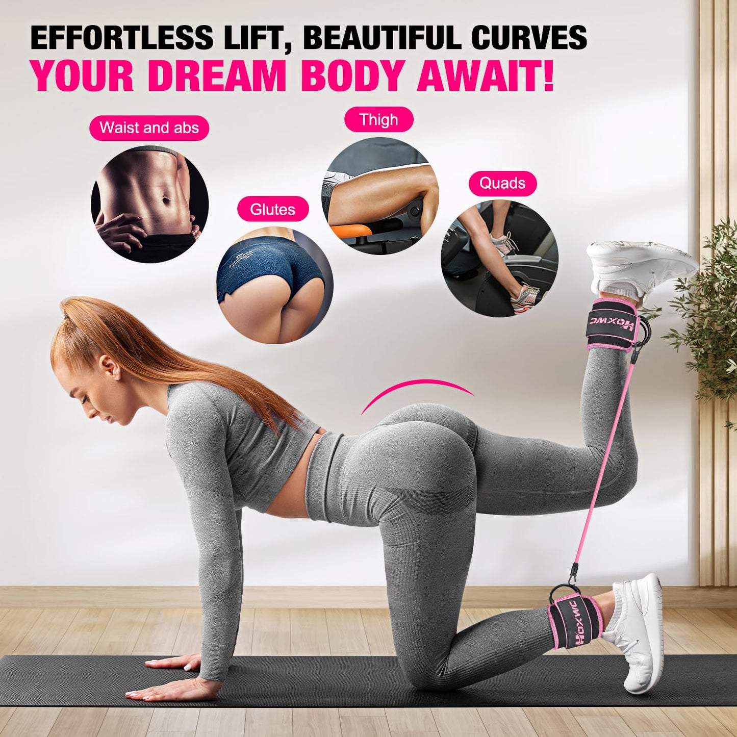 HOXWC Ankle Bands with Cuffs for Leg and Booty Workouts - Resistance Bands for Kickbacks and Hip Training