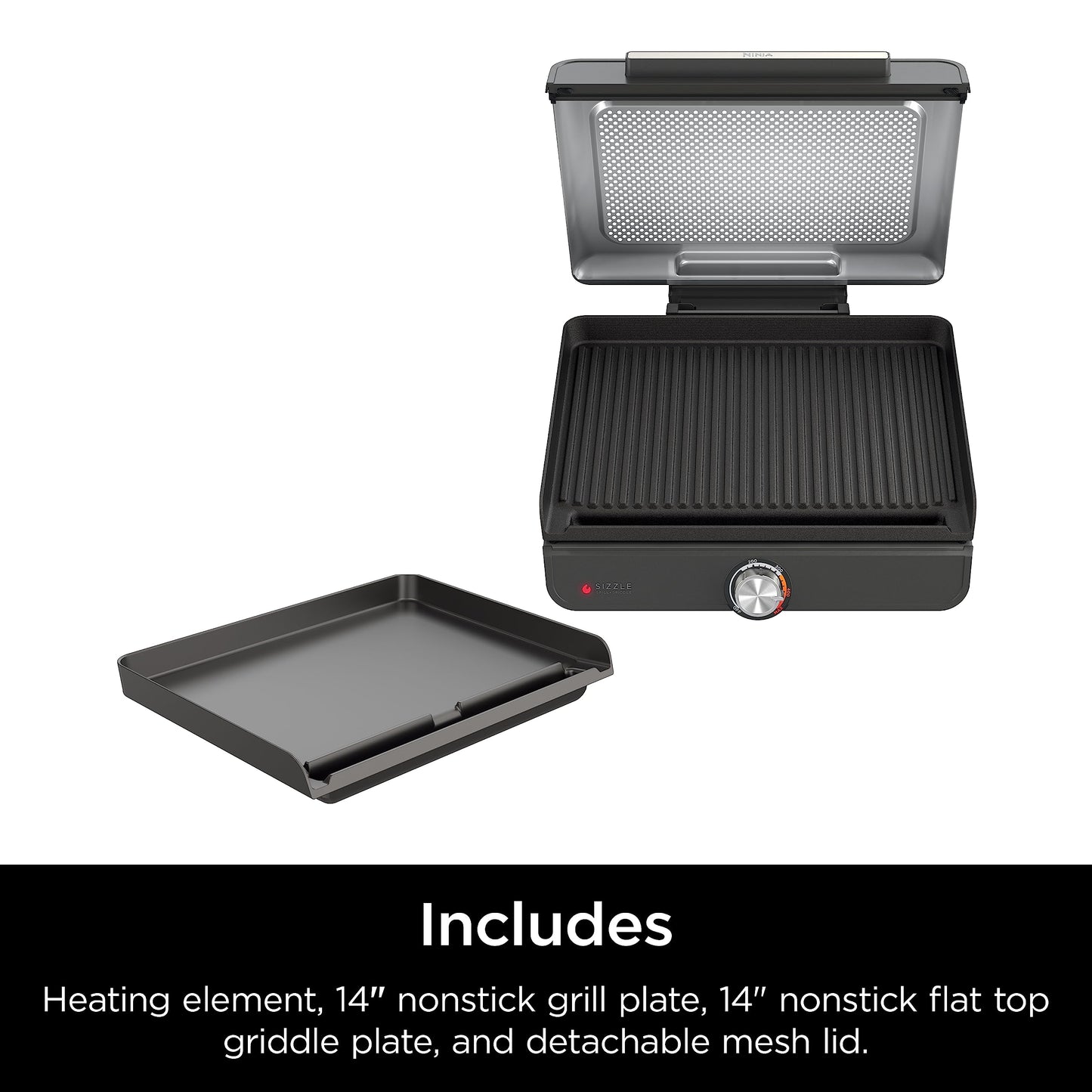 Ninja Griddle and Indoor Grill, 14’’, Electric Grill, For Steak, Burgers, Salmon, Veggies, and More, Pancake Griddle, Nonstick, Dishwasher Safe, 500F, Even Cooking, Silver, GR101