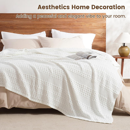 David's Home 100% Cotton Waffle Weave Throw Bed Blanket Queen Size, Lightweight Breathable Soft Spring Blanket for Bed, Gift for Women, Aesthetics Home Decor for Couch Sofa Bedding，White，90" * 90"