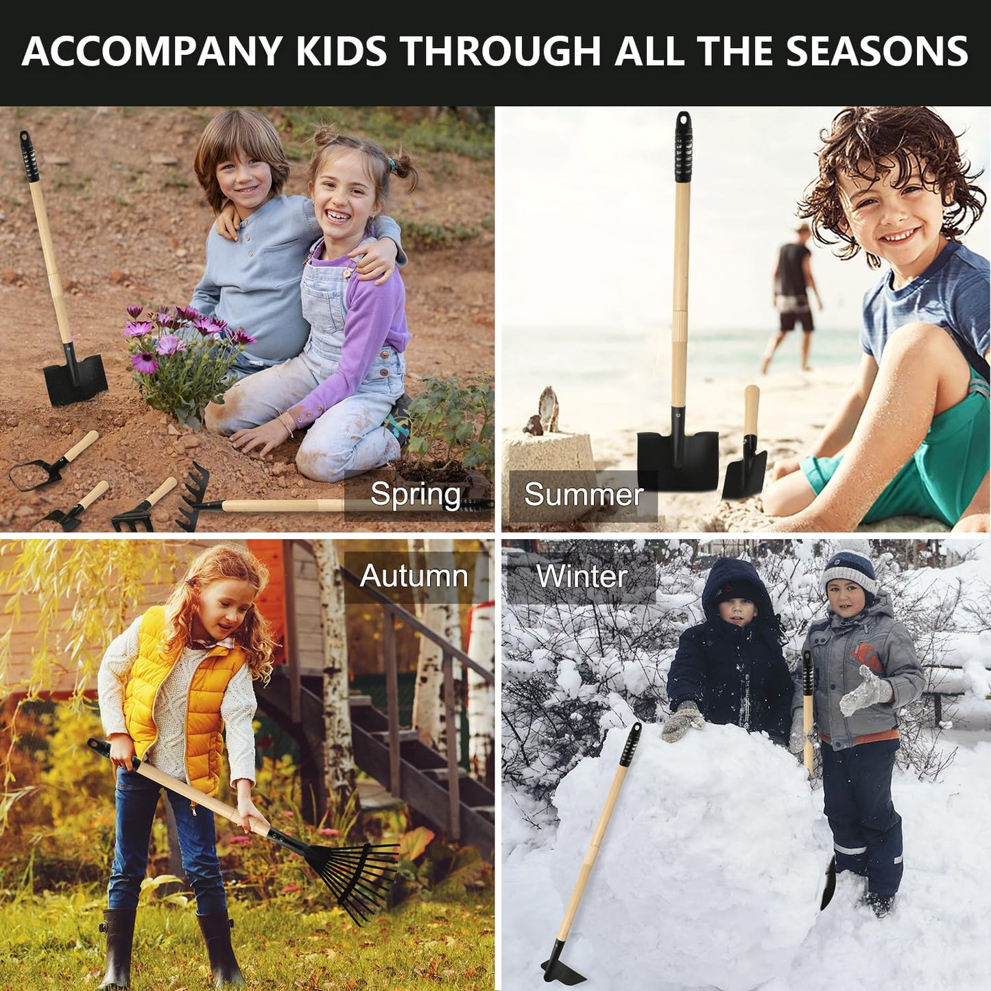 POMIKU Kids Rake and Shovel Sets, 7PCS Child Metal Gardening Tools for Real Digging-Great for Garden, Yard, Sandbox, Lawn, Camping Play, Outdoor Toys for Ages 2-4, 5-7 Years Old