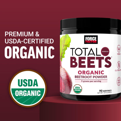 Force Factor Total Beets Organic Beetroot Powder Superfood to Boost Daily Nutrition, USDA Organic, Vegan, Gluten-Free, and Non-GMO Beet Supplement, Unflavored, 90 Servings